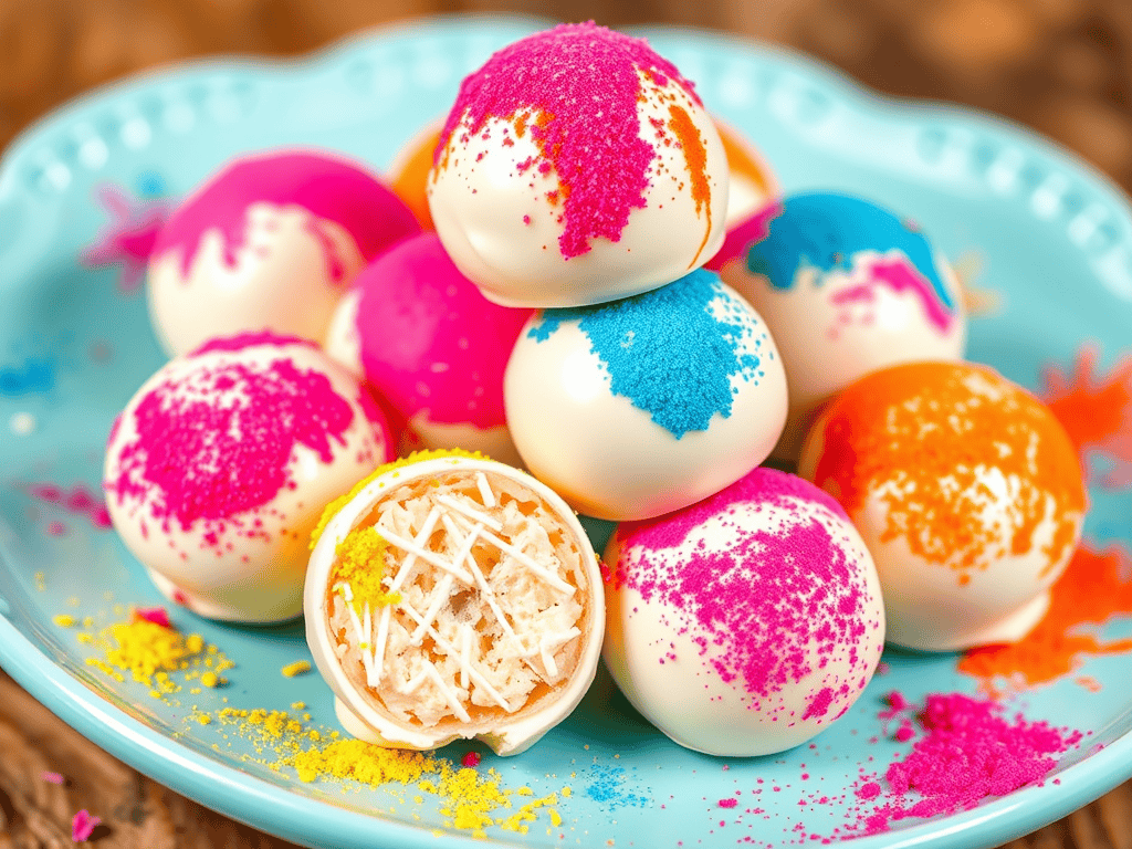 Iced VoVo Balls with colourful sprinkles on a blue plate.