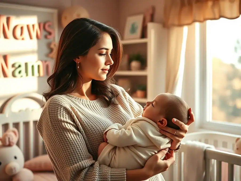 Mother holding baby in nursery.