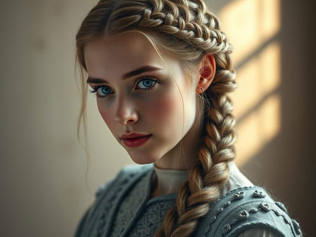 Beautiful young woman with intricate braided crown and side braid, perfect for special occasions.