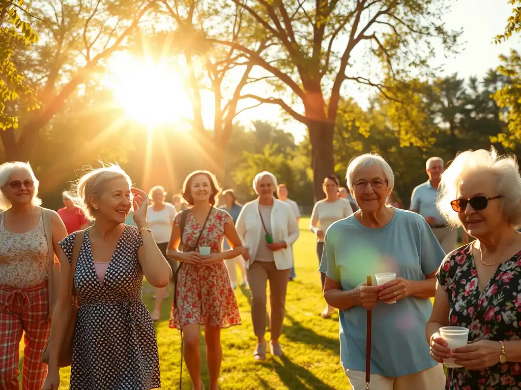 Bright elderly women socialising outdoors in park during sunny day.