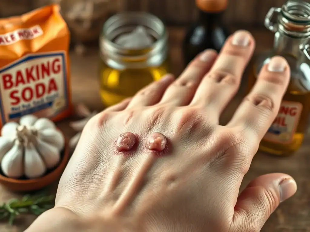 Hand with warts and natural wart removal ingredients like garlic and baking soda.