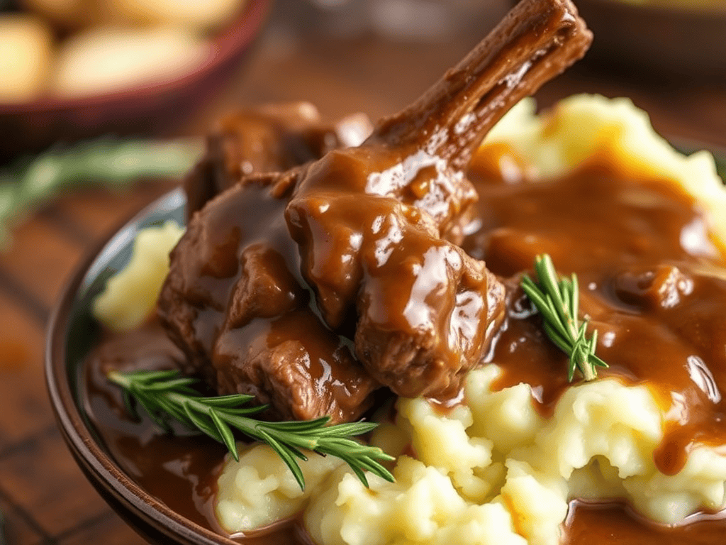 Delicious slow cooker lamb shanks served with rich rosemary gravy and creamy mashed potatoes. Perfec.