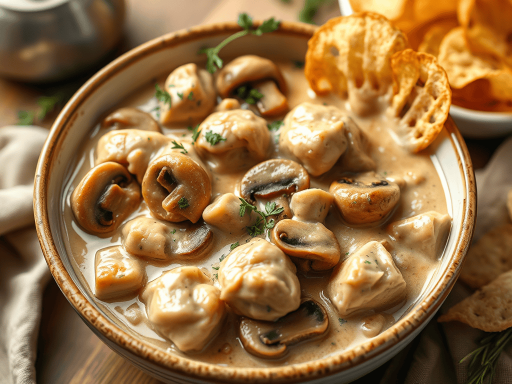 Creamy chicken and mushroom stroganoff in a slow cooker with herbs.