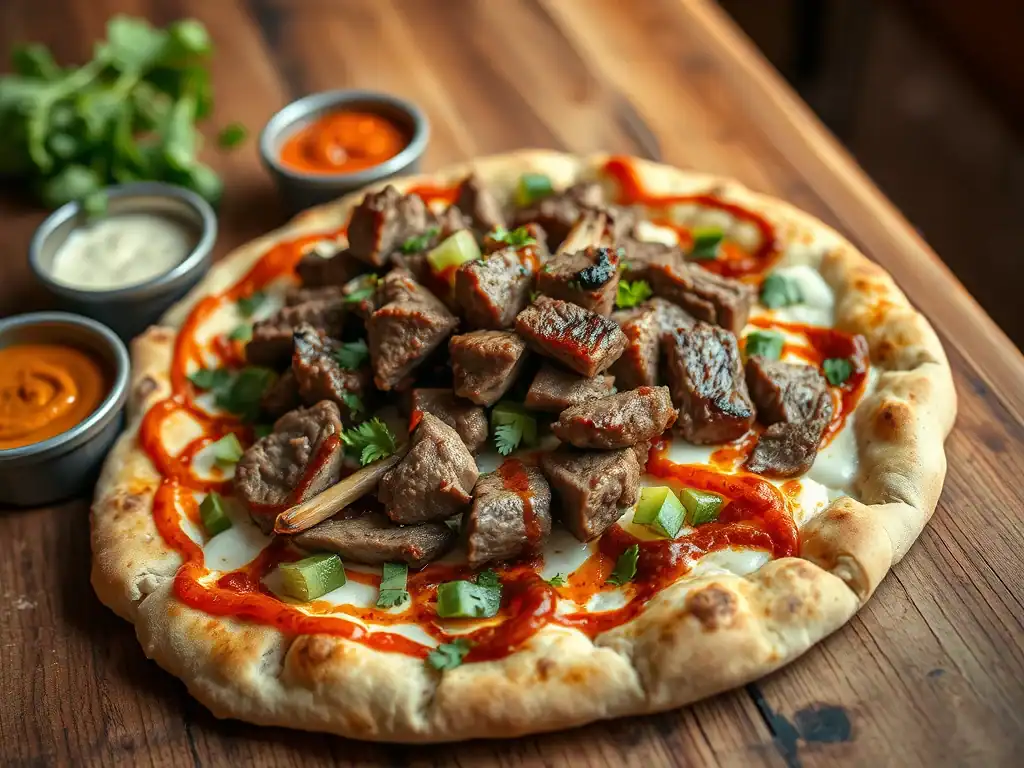 Delicious lamb pita pizza topped with grilled lamb pieces, green onions, and sauces on a wooden tabl.