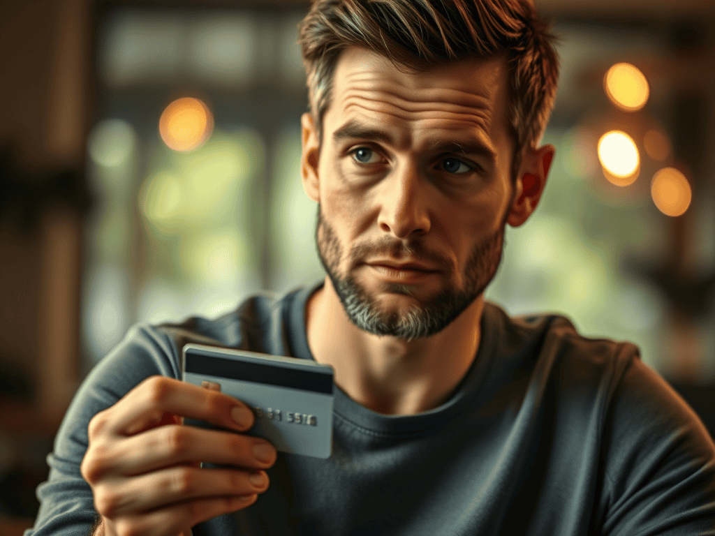 Thoughtful man holding a credit card, considering financial choices at home.