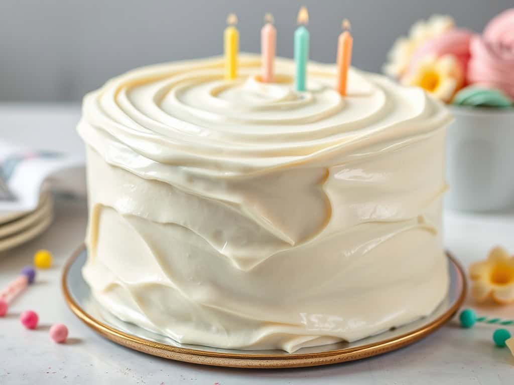 Delicious homemade mock cream cake with colorful candles for celebration.