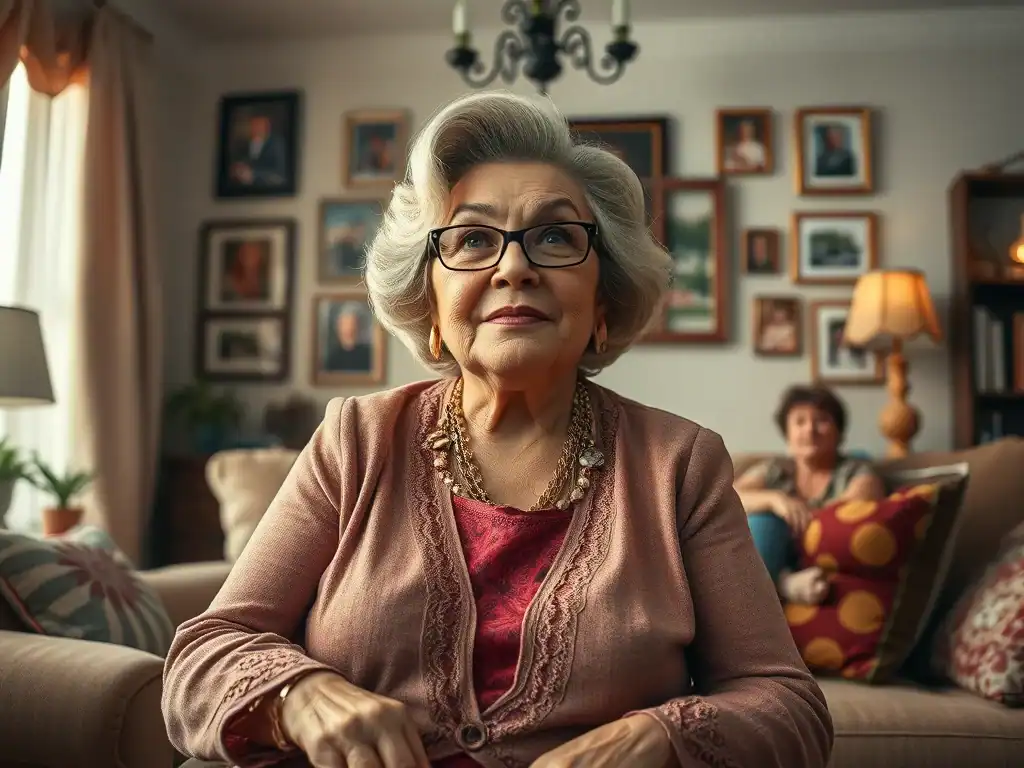 Elderly woman with glasses and grey hair in a cozy living room.