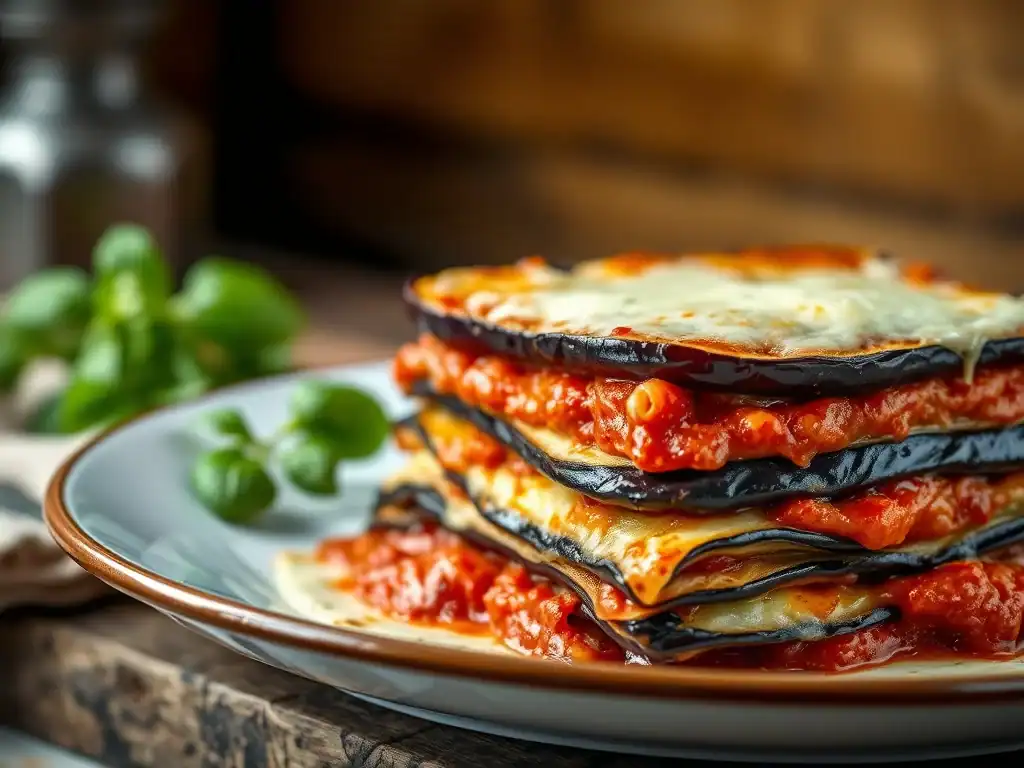 Eggplant lasagne with cheese, tomato sauce, and baked layers, ideal for a delicious, healthy meal.