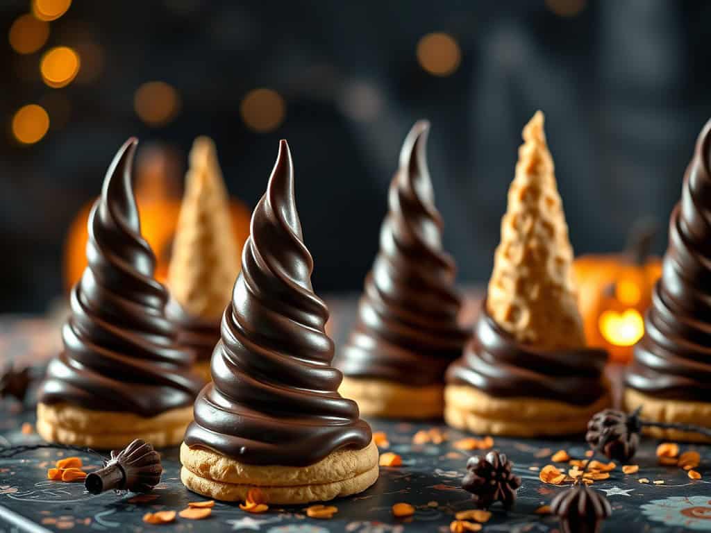 Chocolate witches hats on cookies for Halloween.