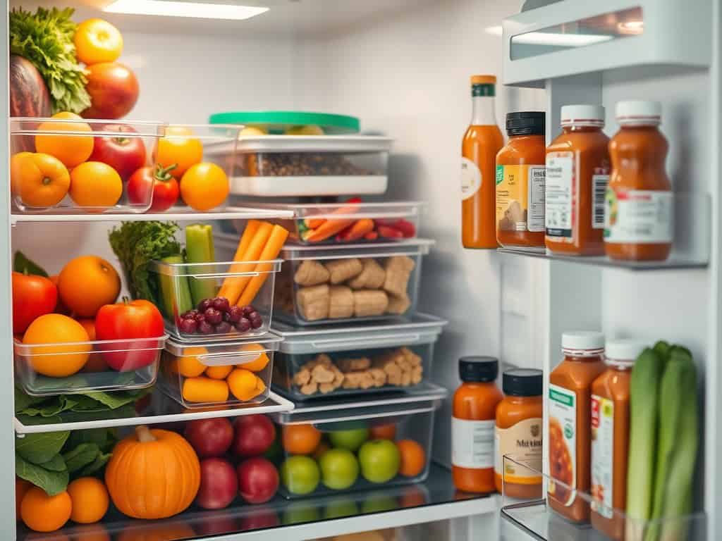 Efficient fridge organisation tips for quick access to fresh fruits, vegetables, and condiments. Kee.