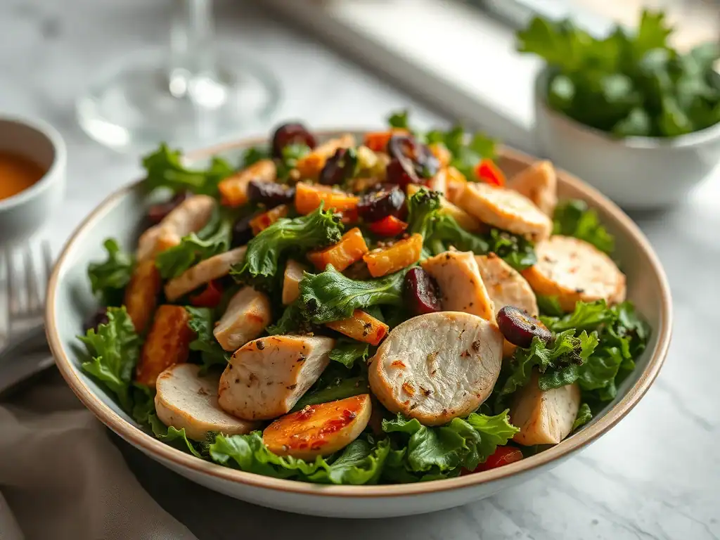 Healthy chicken and roasted kale salad with fresh vegetables and a light dressing. Perfect for a nut.