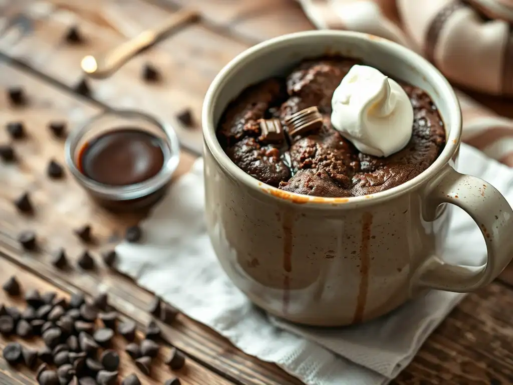 Delicious brownie in a mug topped with whipped cream, perfect for quick treats.