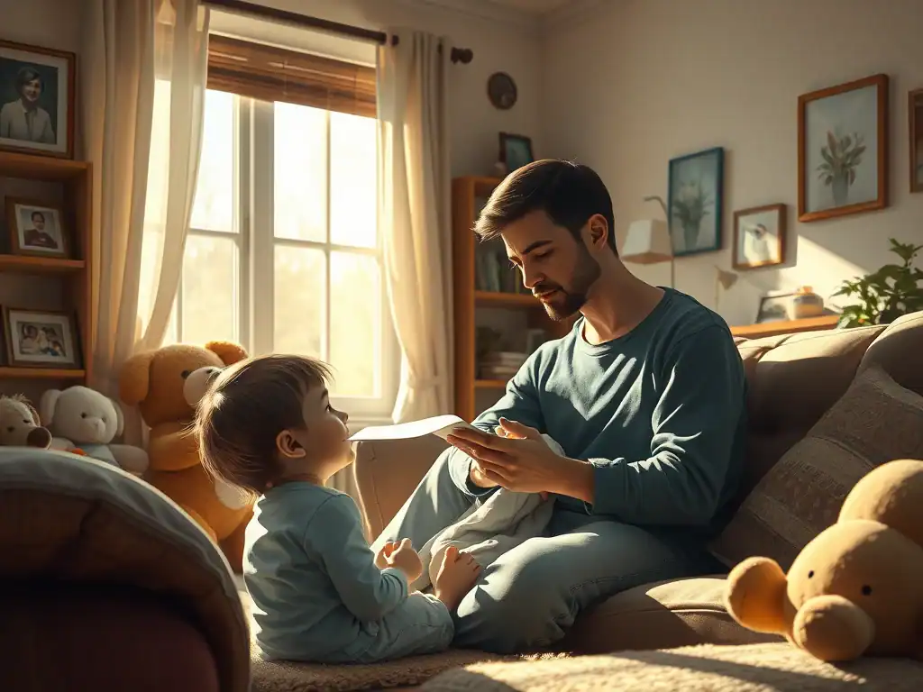 Dad reading a story to a young girl about coping with loss at home.