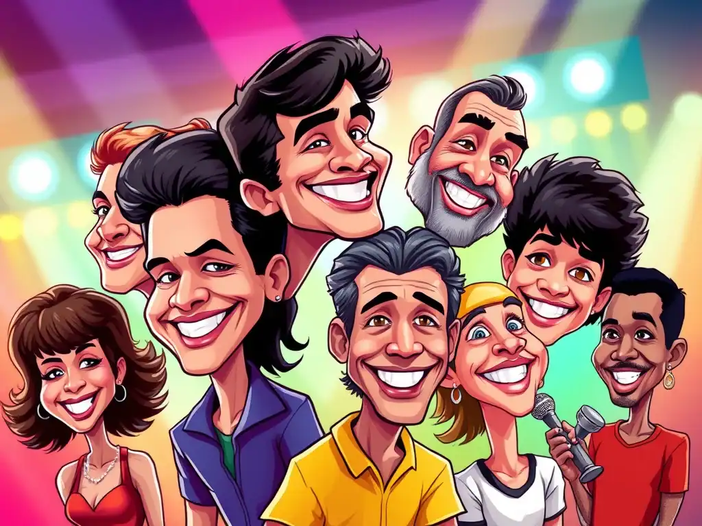 Cartoon of celebrities visiting famous graves, vibrant background, fun and engaging illustration.
