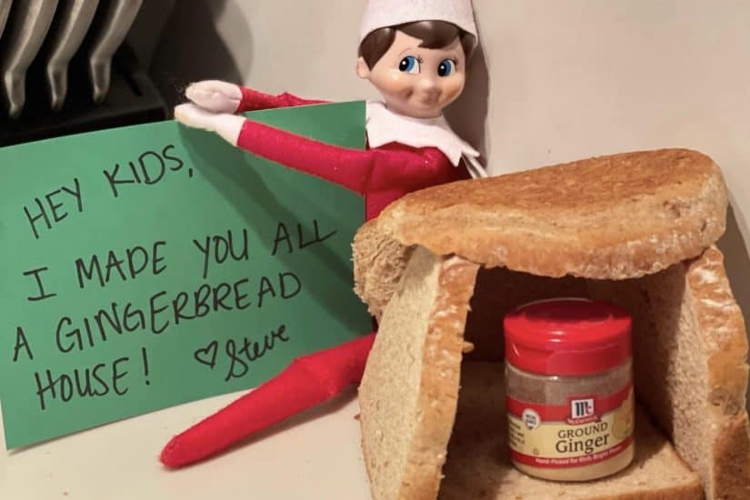 Elf on the Shelf with gingerbread house and note for kids.