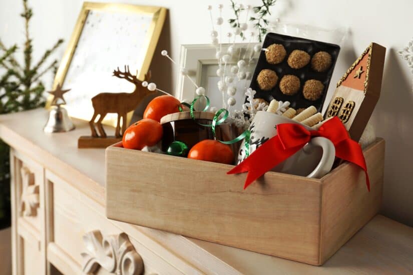 Christmas hamper filled with treats, cookies, and holiday decor for festive celebrations.