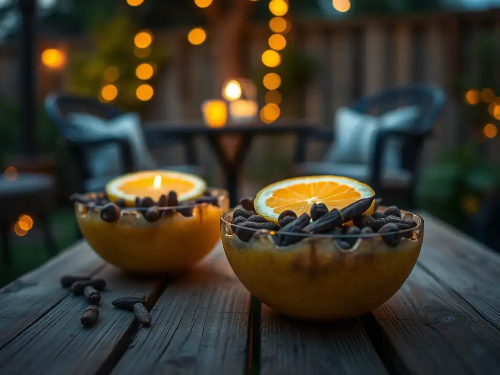 Outdoor citronella bowls with orange slices and candles for pest control and ambiance.