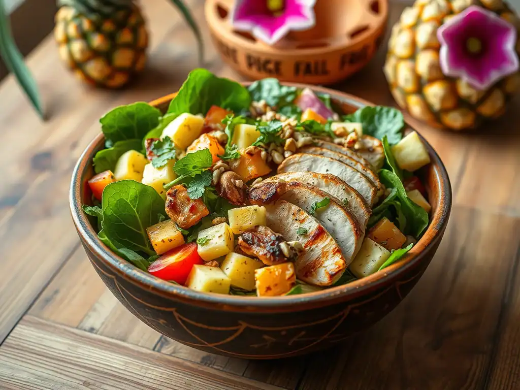 Healthy Hawaiian Chicken Salad with fresh vegetables and pineapple.