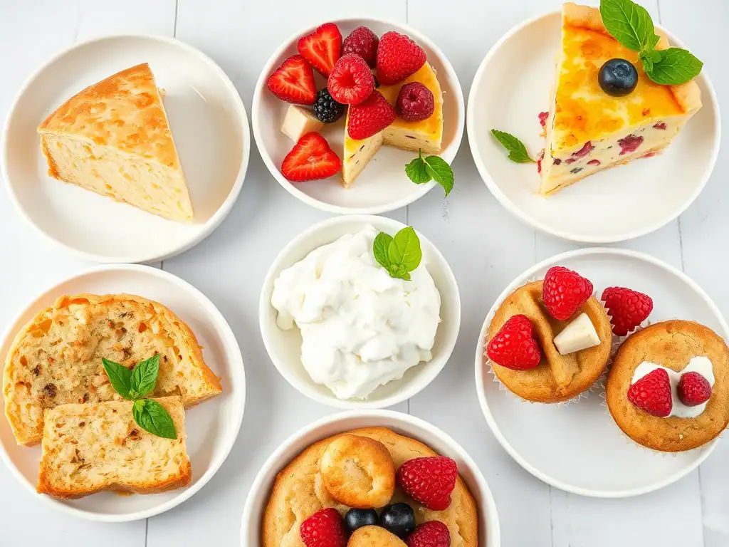 Assorted easy three-ingredient desserts including cakes, tarts, and cookies on white plates.