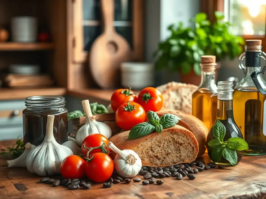 Fresh tomatoes, garlic, basil, and bread on a rustic kitchen table.