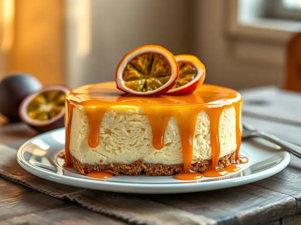 Passionfruit cheesecake topped with caramel sauce and passionfruit slices, served on a white plate.