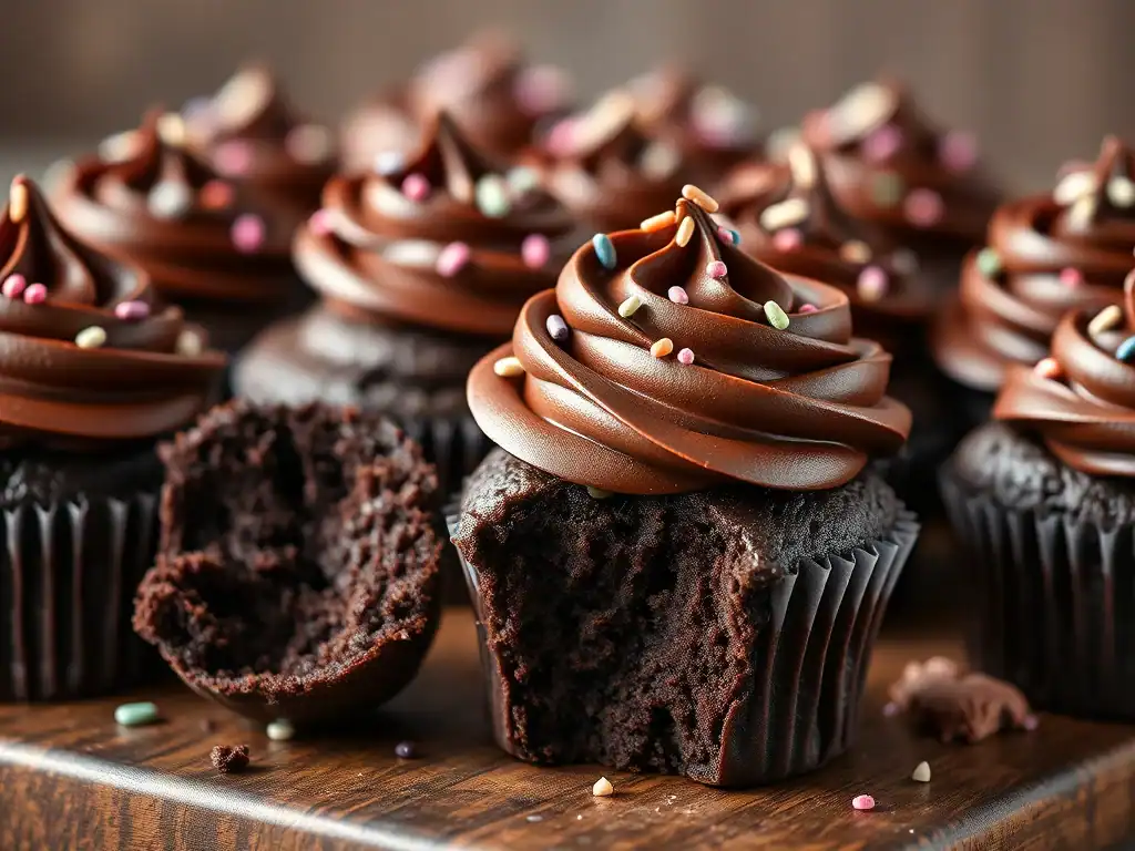 Delicious moist chocolate cupcakes with rich frosting and colourful sprinkles. Perfect for any celeb.