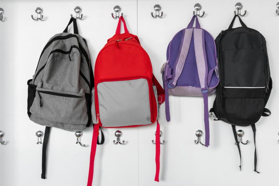 Colorful school backpacks hanging on hooks for students.