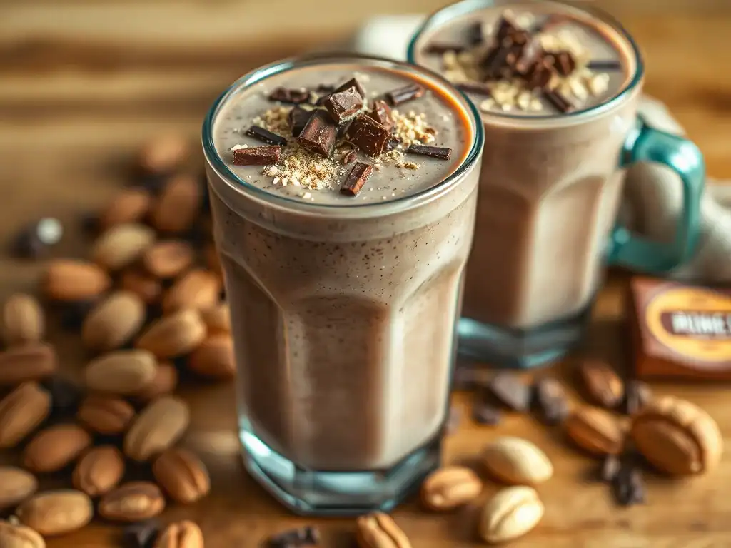 Delicious chocolate peanut butter smoothie topped with chocolate chunks and nuts. Perfect for a nutr.