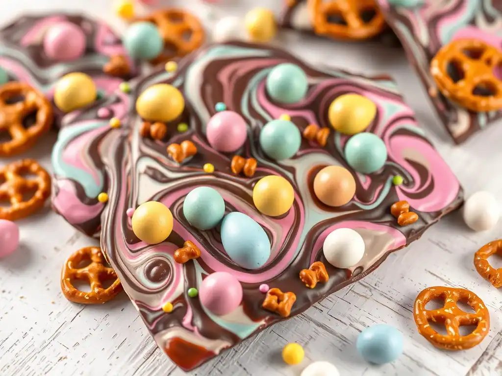 Delicious Easter pretzel bark with chocolate, colourful eggs, and sprinkles. Perfect for festive cel.
