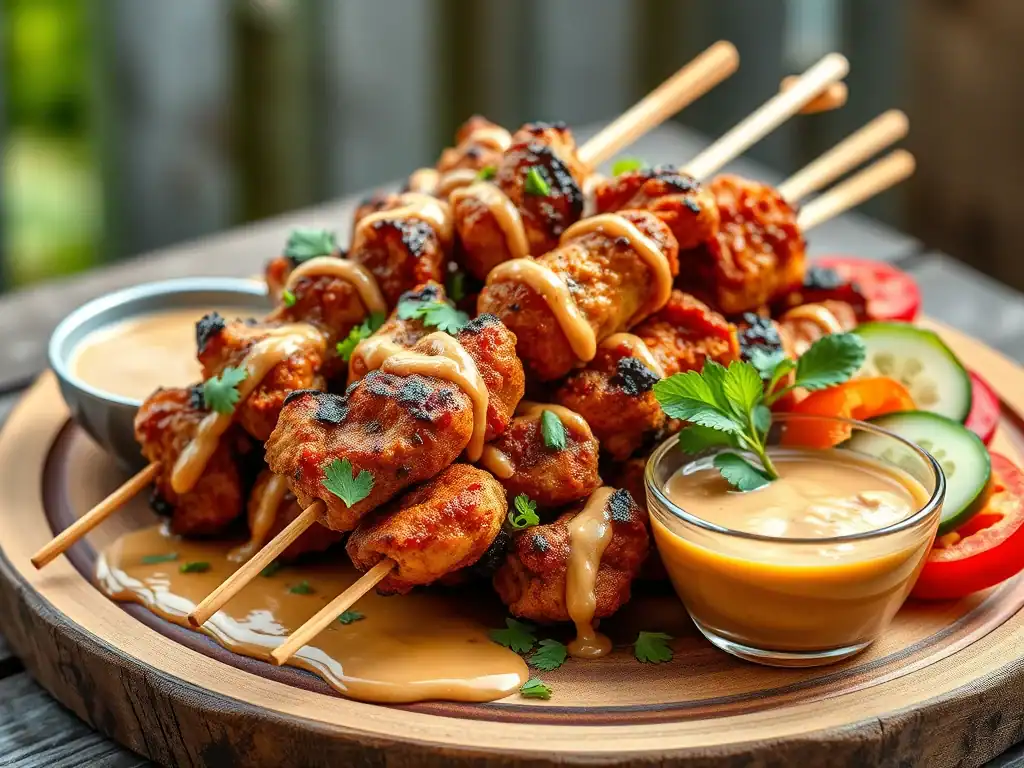 Delicious chicken satay sticks with peanut sauce, perfect for easy family dinners or entertaining gu.