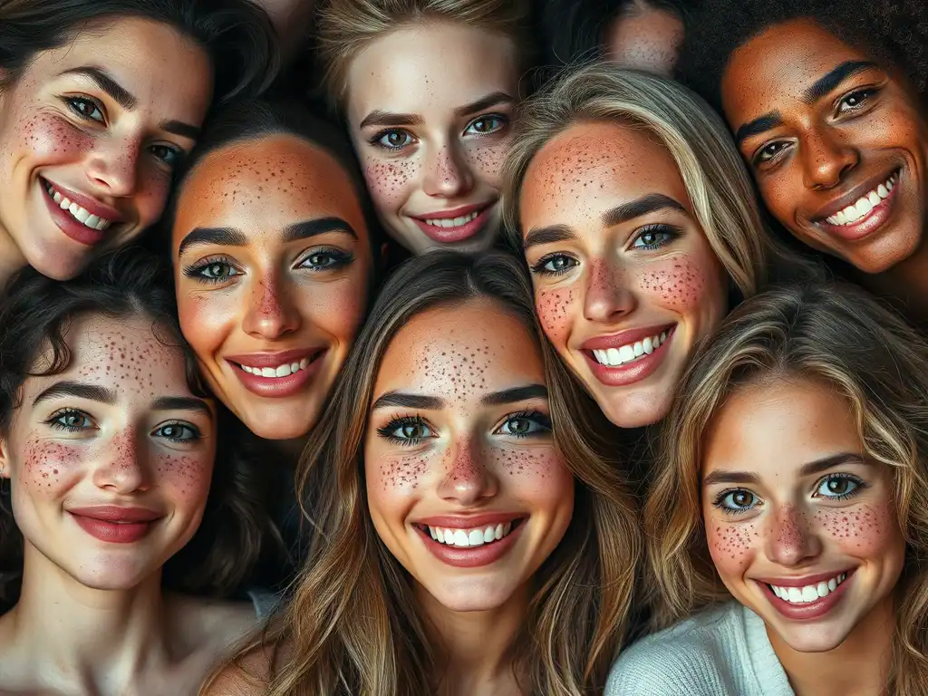 Freckled women smiling, showcasing natural beauty and friendship.