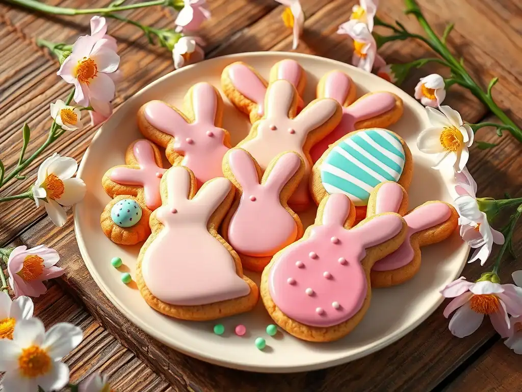 Delicious Easter-themed peanut butter cookies decorated as cute bunnies with pastel icing. Perfect f.