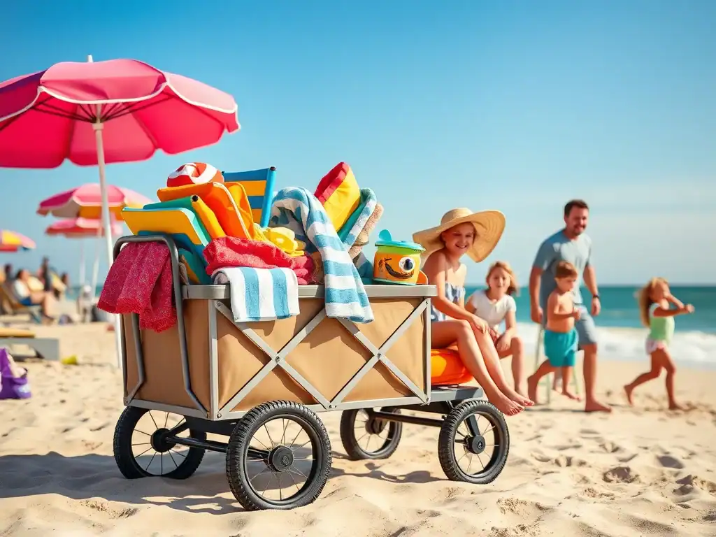 Beach trolley with family and beach gear on sandy shore, sunny day.