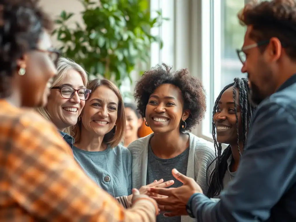 Diverse group of women smiling and talking, supporting mental health during the pandemic.