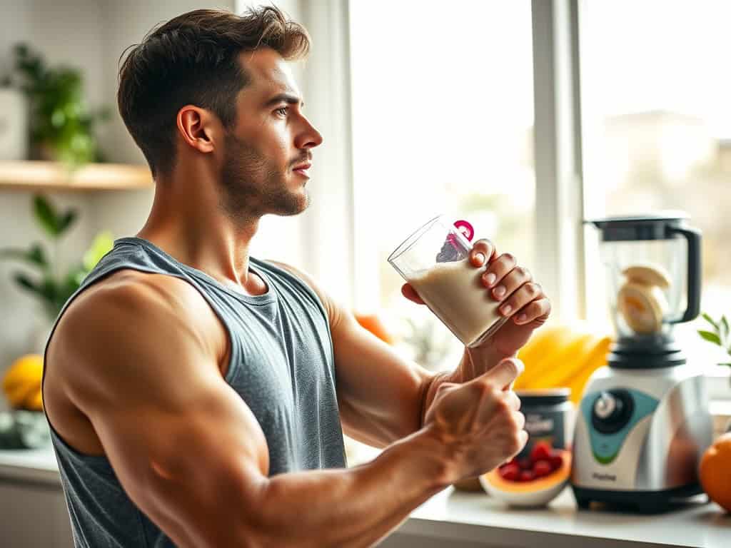 Man drinking protein shake in kitchen, healthy lifestyle, fitness supplement.