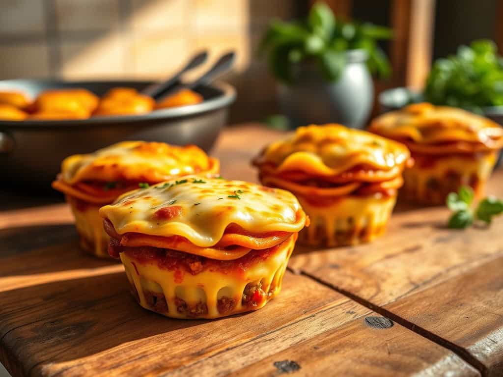 Cheesy Top Lasagne Cups - delicious mini lasagne bites with melted cheese and rich tomato sauce. Per.