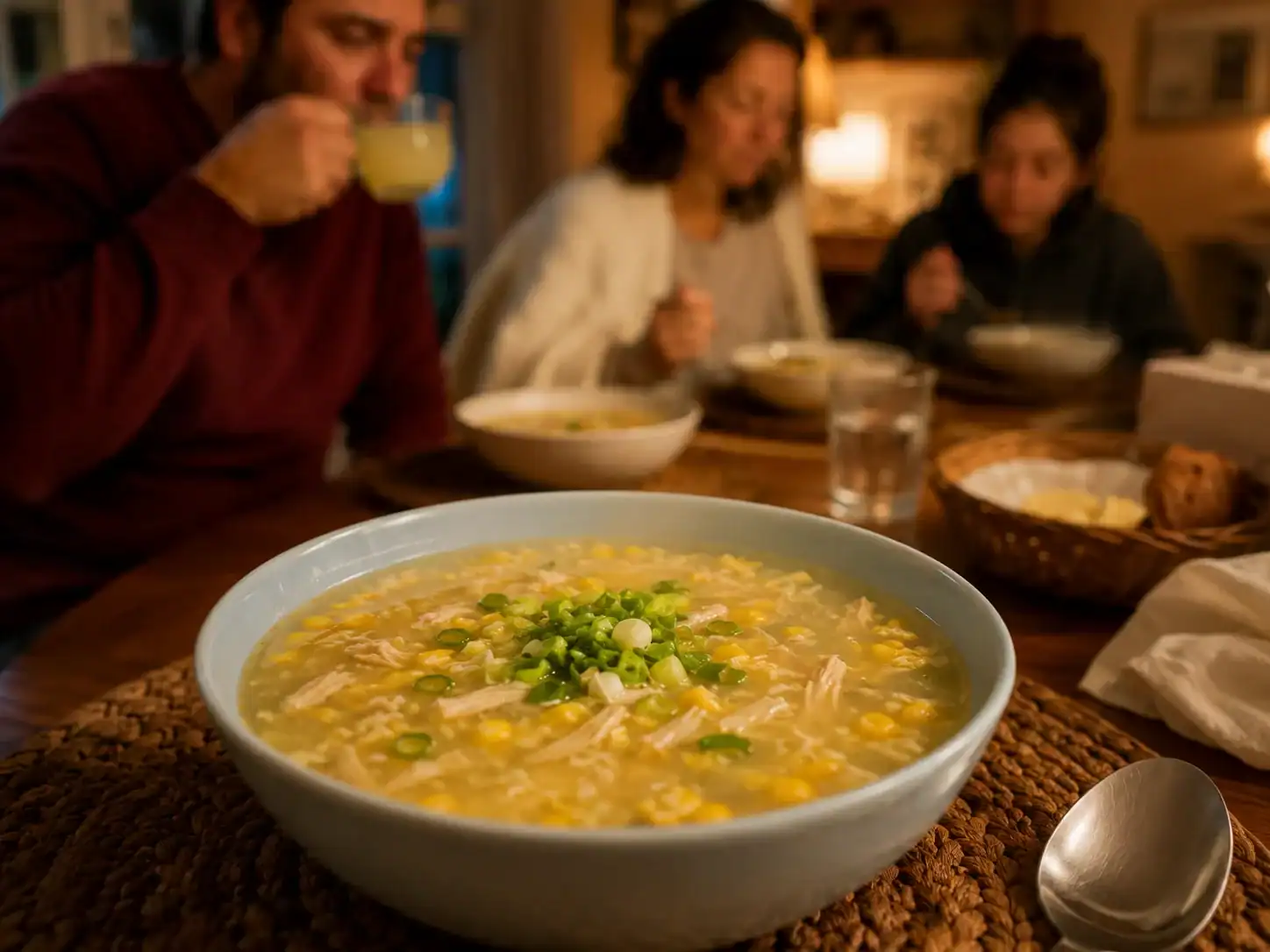 Family enjoying a warm bowl of chicken soup together at home.