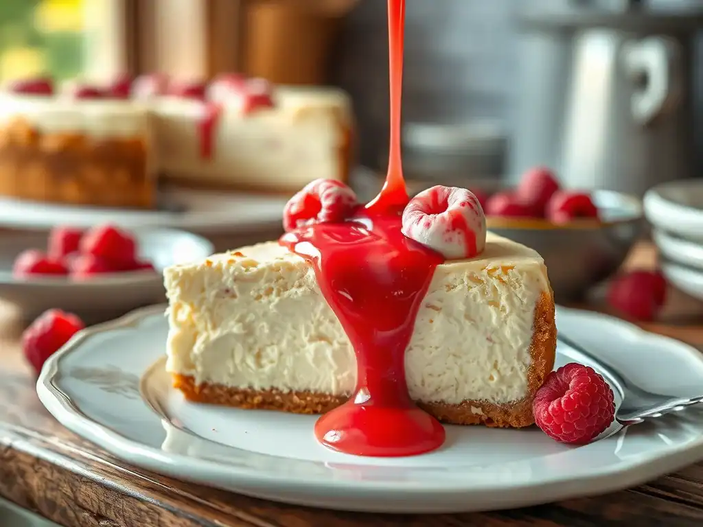 Cheesecake with raspberry sauce and fresh raspberries on a white plate.