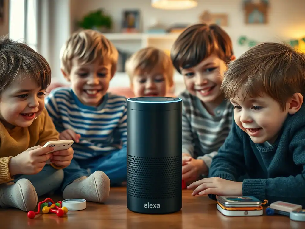 Alexa device with children playing and engaging around it.