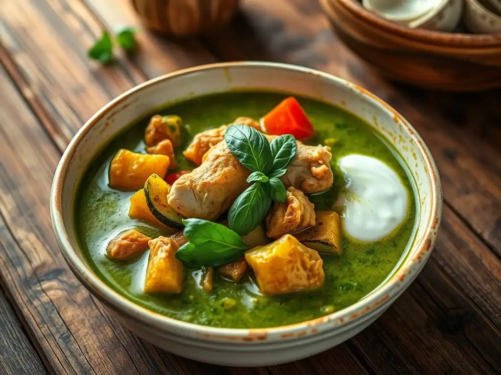 Green curry with chicken and vegetables, garnished with basil leaves.