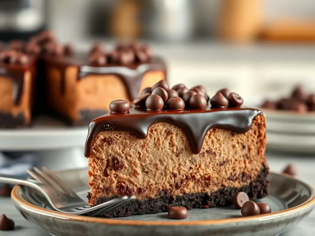 Chocolate cheesecake with a rich chocolate topping and chocolate chips.