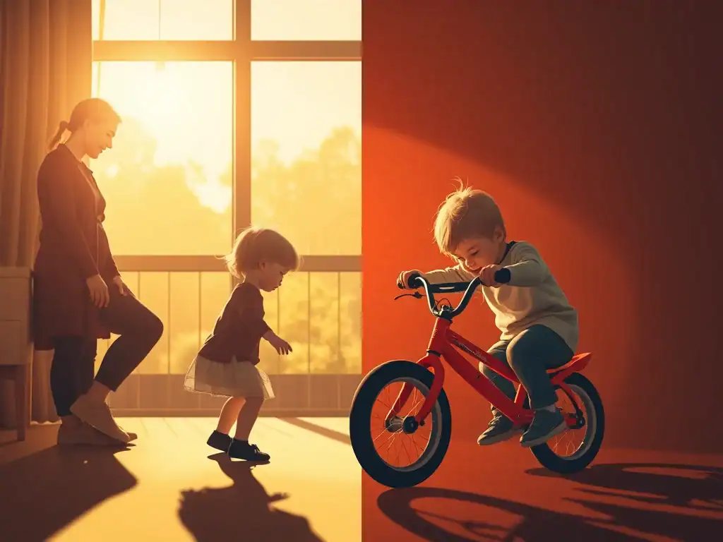 Children playing inside the house with a parent watching during sunset.