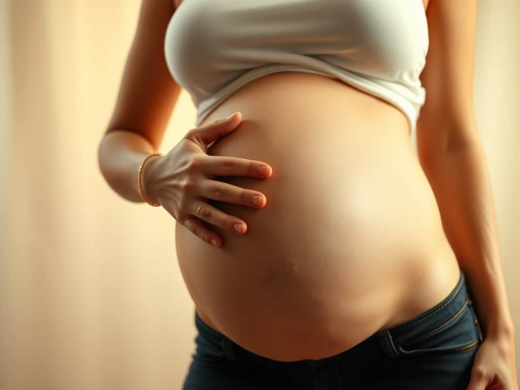 Close-up of pregnant woman's belly with hand resting on stomach.