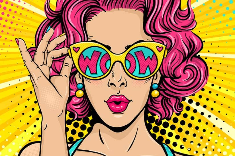 Bright pop art style image of a woman with pink curly hair and colorful "WOW" sunglasses.