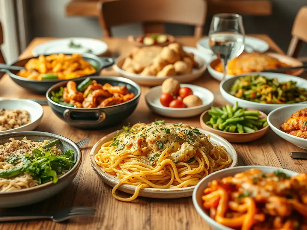 Delicious homemade pasta and Asian dishes on a family dinner table, perfect for quick, budget-friend.