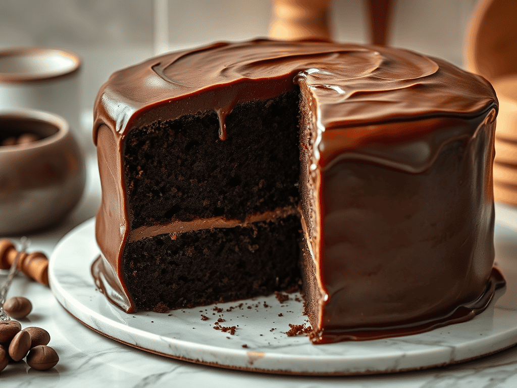 Delicious moist chocolate cake with rich chocolate frosting, perfect for any celebration.