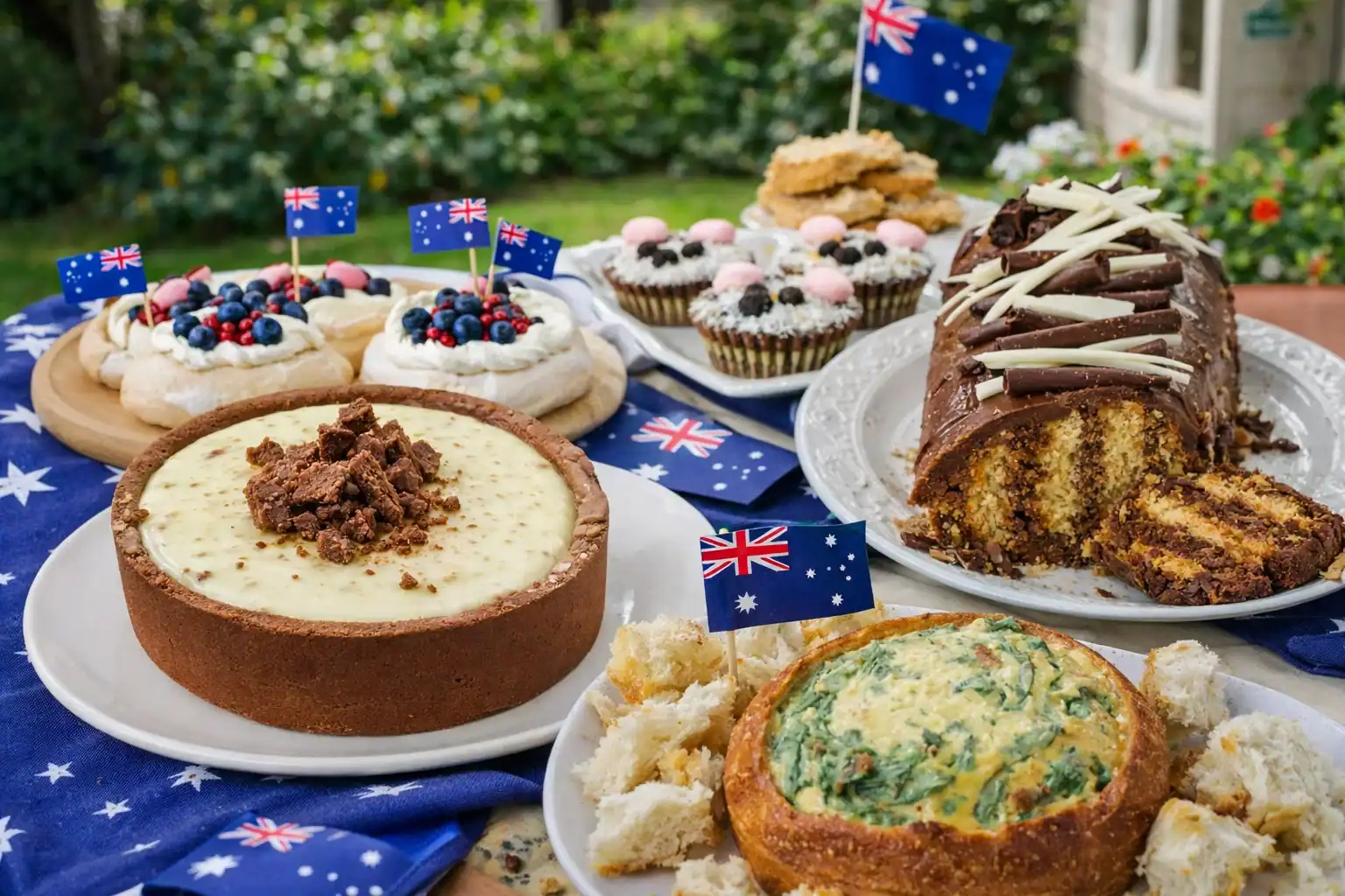 Delicious Australian desserts displayed on a table with Australian flags, perfect for festive occasi.