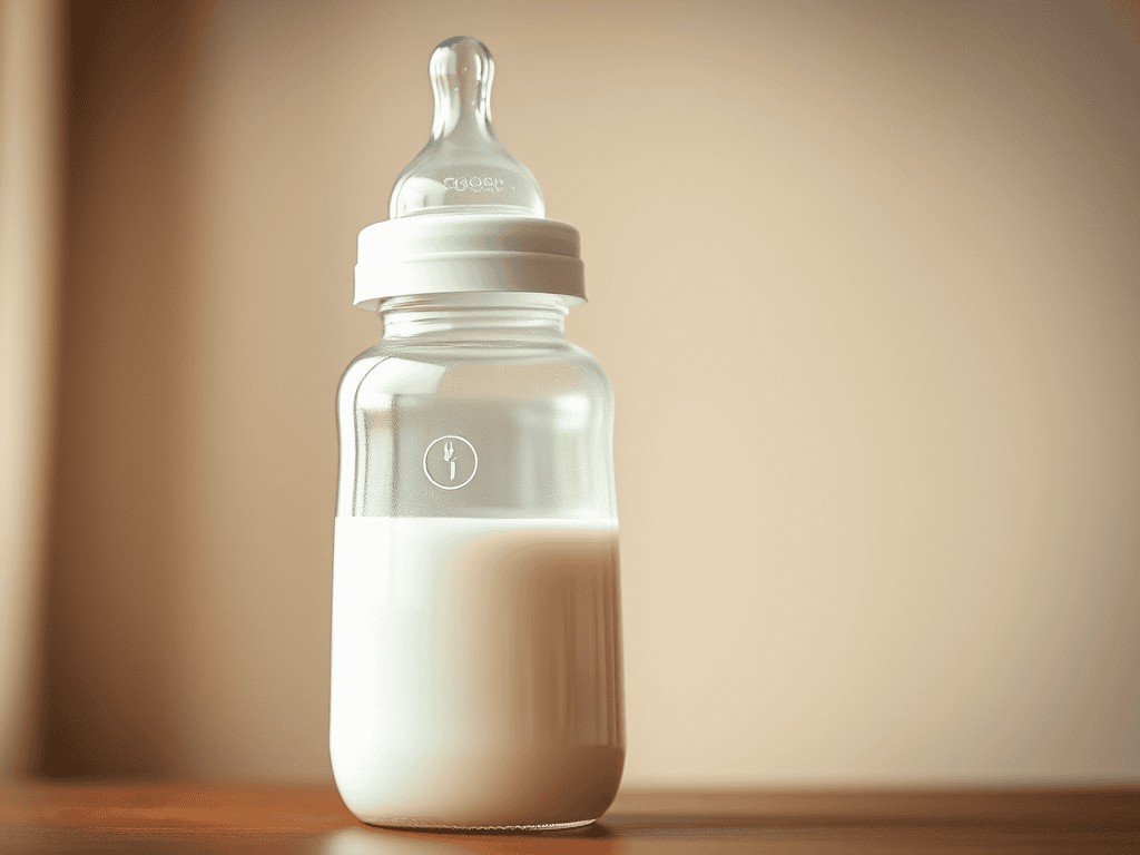 Baby bottle with breast milk, highlighting a sleep aid ingredient.