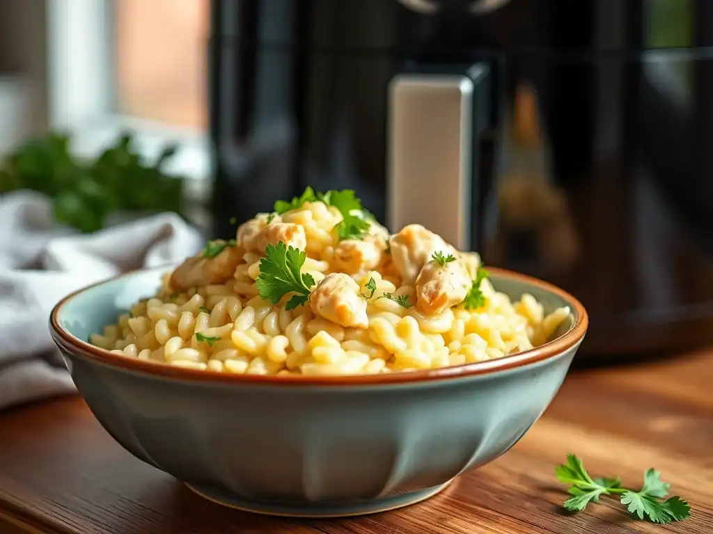 Air fryer chicken risotto with herbs and cheese.