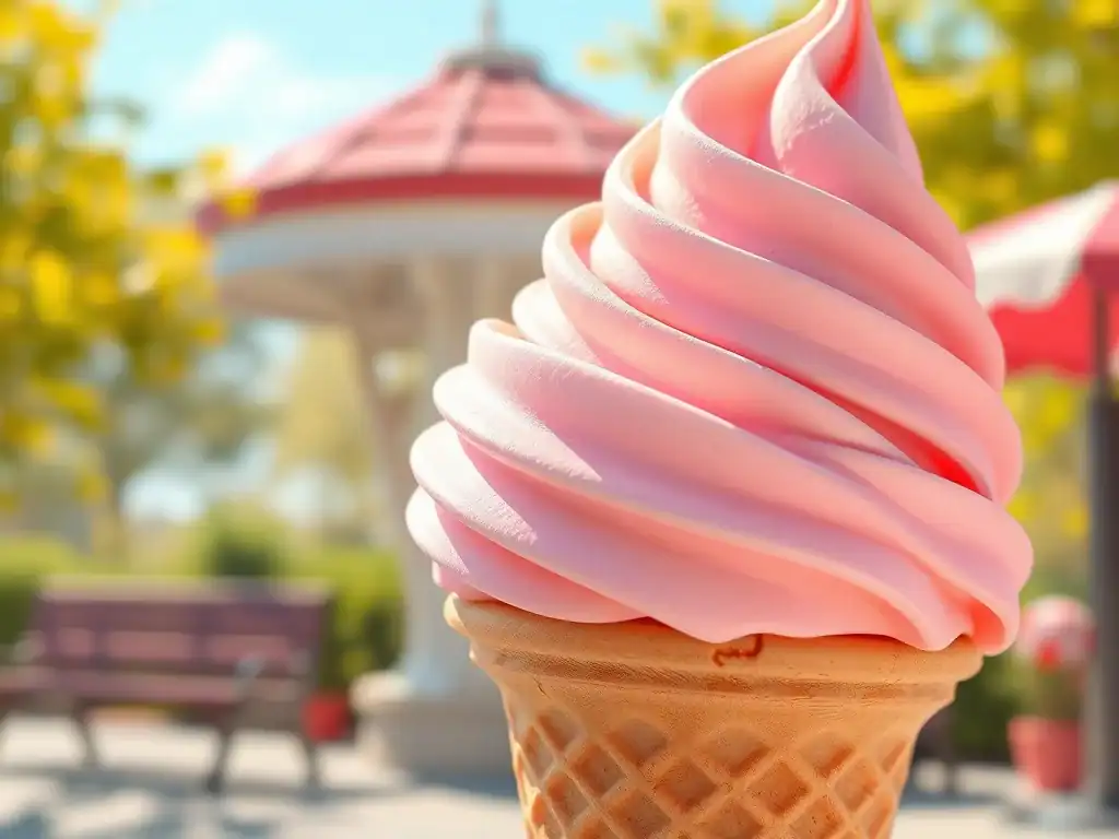 Pink soft serve ice cream in a cone on a sunny day.